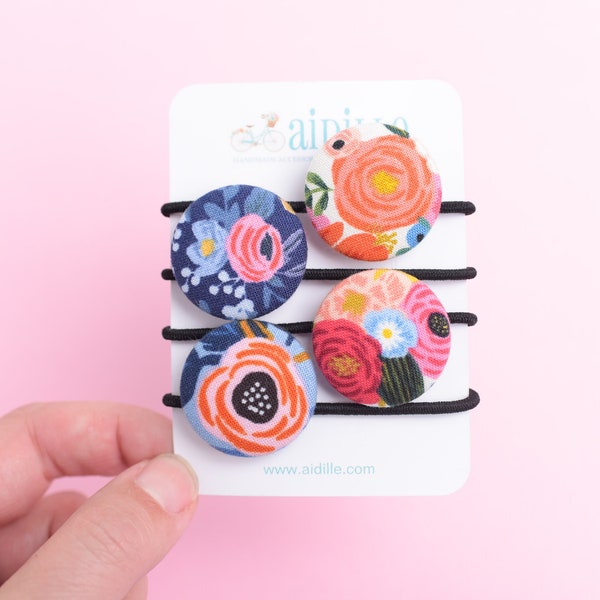 Floral Fabric Button Hair Elastic Set of 4, Pigtail Holders, Rifle Paper Co Flower Prints, Girls Pretty Ponytail Elastics