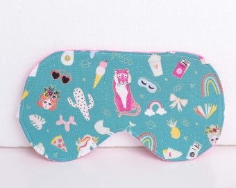 Fun Sleep Mask: Pink Tiger, Rainbows, Metallic Gold Accents