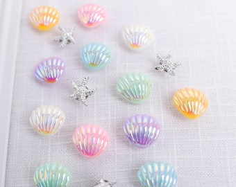 Iridescent Seashell Thumb Tacks, Ocean Push Pins, Pastel and Silver Colors, Starfish Add On, Beach Home Decor, Pretty Shell Corkboard Tacks