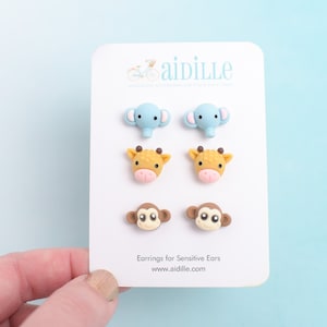 Resin Animal Stud Earring Trio: Giraffe, Elephant, Monkey, Titanium Posts