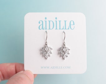 Sparkly Leaf Silver Dangles, Crystal Rhinestone Titanium Ear Wires, Pave Prom Wedding Nickel Free Special Occasion Jewelry
