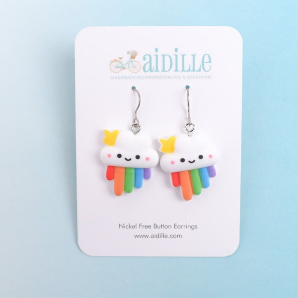 Kawaii Rainbow Dangle Earrings with Titanium French Wires for Sensitive Ears, Happy Clouds Dangly Girly Earrings