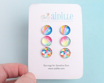 Rainbow Resin Earring Set: Titanium Studs, Colorful Tie Dye, 12mm