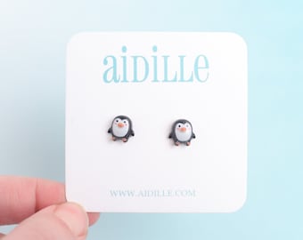 Mini Penguin Earrings, Lightweight Winter Holiday Titanium Studs for Sensitive Ears, Girls Stocking Stuffer