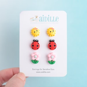 Cute Girls Earring Trio Set, Resin Flower Ladybug Happy Sun Studs, Titanium Posts, Novelty Earrings for Sensitive Ears