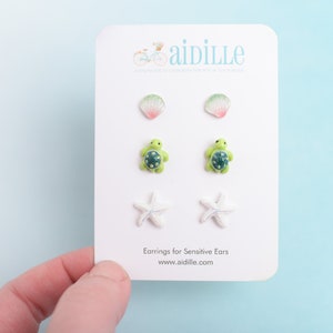Mini Nautical Stud Earring Set: Resin Turtle, Shell, Starfish, Titanium Posts