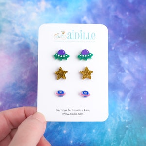 Space Earring Trio: Planet, Star, UFO - Titanium Posts
