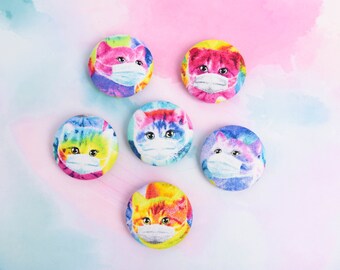 Rainbow Cat Magnets: Set of 6 Kitty Cats Wearing Facemasks