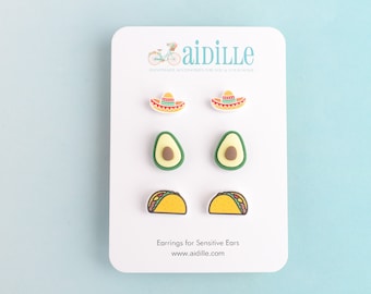 Cinco De Mayo Acrylic Earring Trio, Titanium Posts for Sensitive Ears, Fun Mexican Theme Sombrero Avocado Taco Studs