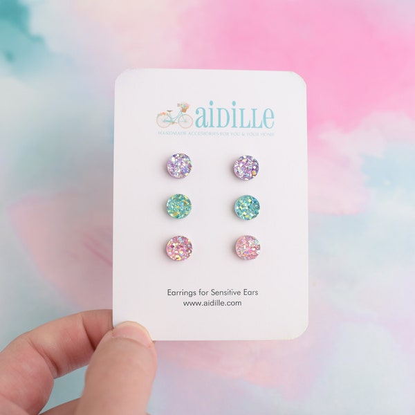 Mini Pastel Earring Multi Pack Trio, Set of 3 Faux Druzy Earrings, Titanium Studs for Sensitive Ears, Little 8mm Pretty Bridesmaid Earrings