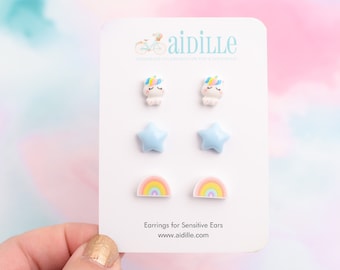 Pastel Earrings Set: Unicorn, Star, Rainbow, Titanium Studs