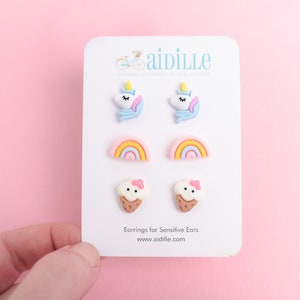 Girls Multi Pack Earring Set, Pastel Resin Unicorn Rainbow Ice Cream Studs, Titanium  Posts, Cute Earrings for Sensitive Ears