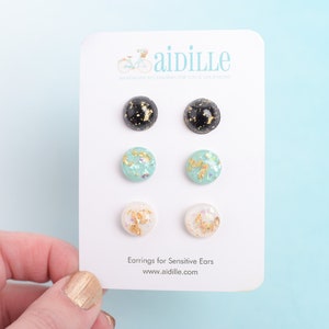 Gold Leaf Earring Set,  Titanium Studs, Resin Multi Pack Earrings, 12mm Circle Classy Studs, Black Gold Cream Seafoam Iridescent