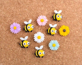 Spring Home Office Decor, Flower and Bee Push Pins OR Magnets, Set of 10, Floral Resin Thumb Tacks for Corkboards or Refrigerators