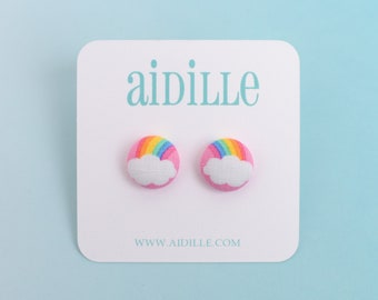 Rainbow Cloud Fabric Button Earrings: Titanium Studs or Clip On