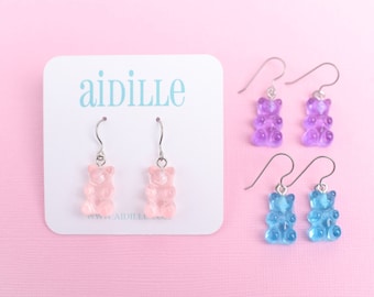 Small Gummy Bear Titanium Earrings, Choose Pink Blue or Purple, Hypoallergenic Dangle French Wires, Girls Novelty Candy Dangly Earrings