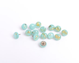 Gold Flecked Resin Push Pins, Set of 15 Green Blue Circle Thumb Tacks, 12mm Size, Small Pretty Corkboard Push Pins, Womens Office Decor