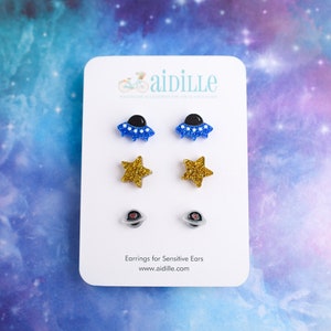 Space Earring Trio: Planet, Star, UFO - Titanium Posts