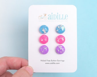 Silver Foil Resin Earrings: Colorful Titanium Studs, 12mm Circle Set