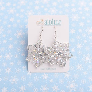 Large Silver Snowflake Dangles, Acrylic Glitter Christmas Titanium Ear Wires, Nickel Free Special Occasion Holiday Jewelry