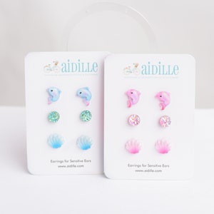 Beach Earring Trio, Titanium Posts for Sensitive Ears, Choose Pink or Blue, Dolphin, Shell, and Sparkly Druzy Hypoallergenic Studs