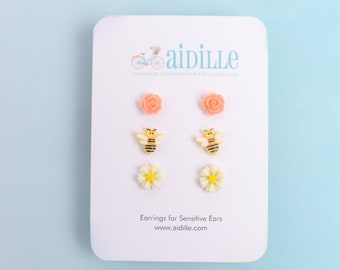 Resin Flower and Bee Earrings: Titanium Posts for Sensitive Ears