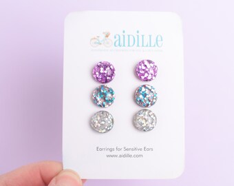 Confetti Glitter Earring Set,  Titanium Stud Set, Resin Multi Pack Earrings, Little Sparkly 12mm Circles, Silver Multi Purple