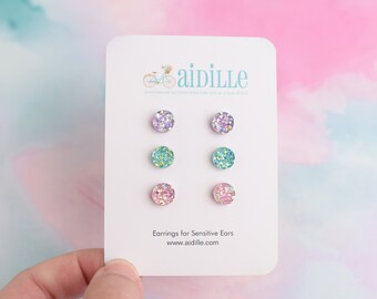 Mini Pastel Earring Multi Pack Trio, Set of 3 Faux Druzy Earrings, Titanium Studs for Sensitive Ears, Little 8mm Pretty Bridesmaid Earrings