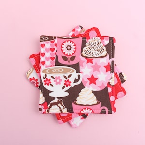 Hot Cocoa Fabric Coasters, Set of 4 Polka Dot Fabric Mug Rugs, Hostess Gift, Double Sided Reversible Novelty Cloth Coasters