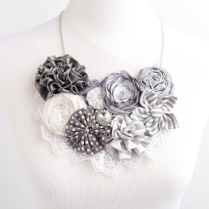 Womens Fabric Statement Bib Necklace in Gray Cream and White with Silver Chain, Flower Bridal Necklace