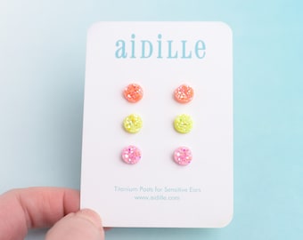 Little Rainbow Sherbet Druzy Earring Trio 8mm Multi Pack with Titanium Posts