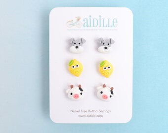 Kawaii Resin Stud Earring Trio: Dog, Lemon, Cow, Titanium Posts