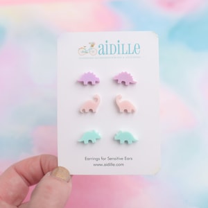 Little Dinosaur Earring Trio, Acrylic Prehistoric Titanium Studs for Sensitive Ears, Lightweight Pastel Multi Pack Earrings