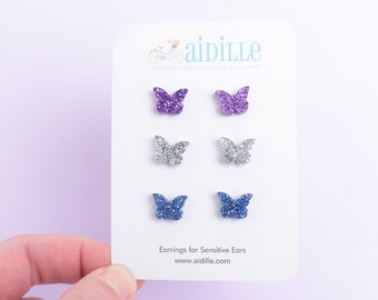 Glitter Butterfly Earring Trio: Acrylic Titanium Studs for Sensitive Ears