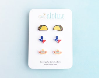 Texas Acrylic Earring Trio: Sombrero, State, Taco Studs (Titanium Posts)
