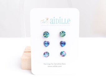 Galaxy Mini Dainty Earring Trio with Titanium Posts for Sensitive Ears, Druzy Space and Heart Styles