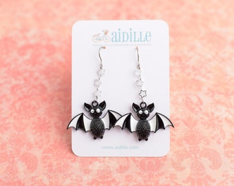 Bat Halloween Earrings, Black and White Enamel Titanium Ear Wires, Hypoallergenic for Sensitive Ears