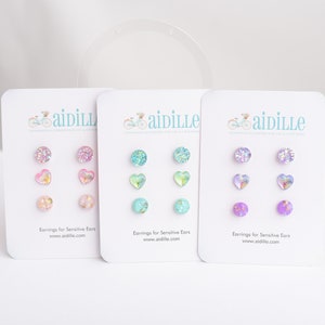 Dainty Sparkly Earring Multi Pack Trio, Titanium Studs for Sensitive Ears, Green Pink WHITE or Purple Druzy Little Kids First Earring Posts