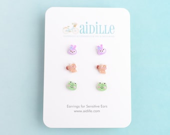 Tiny Animal Earring Multi Pack Trio with Titanium Posts, Micro Mini Frog, Squirrel, and Purple Bunny Hypoallergenic Studs