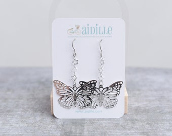 Silver Filigree Butterfly Earrings: Dainty Star Chain, Titanium Ear Wires