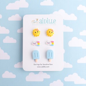 Happy Girls Earring Trio, Resin Popsicle Sun and Rainbow Cloud, Titanium Studs for Sensitive Ears, Girls Stocking Stuffer Gift