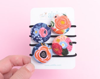 Floral Fabric Button Hair Elastic Set of 4, Pigtail Holders, Rifle Paper Co Flower Prints, Girls Pretty Ponytail Elastics