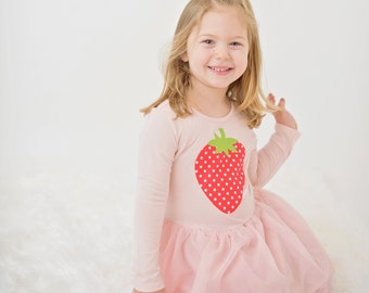 Girls Dress Pink Strawberry Applique Tutu Dress Long Sleeve Sizes 3T 4T 5T Ready to Ship Pink and Red Tulle Skirt Spring Fruit Scoop Back