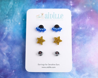 Space Earring Trio: Planet, Star, UFO - Titanium Posts