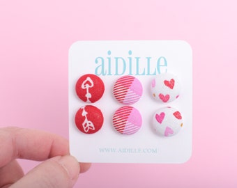 Valentines Day Earring Trio or Single Pair, Hearts Arrows Plaid, Pink and Red Fabric Button Titanium Studs or Brass Clip On, Cute Vday Studs