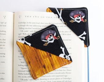 ONE Pirate Fabric Corner Bookmark, Boys Skull and Crossbones with Wood Cloth Bookmark, Kids Stocking Stuffer Idea