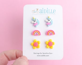 Rainbow Earring Trio, Unicorn and Flower, Titanium Hypoallergenic Posts, Cute Earrings for Sensitive Ears