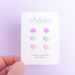 Pastel Floral Little Rose Resin Earrings: Titanium Studs, Hypoallergenic Set