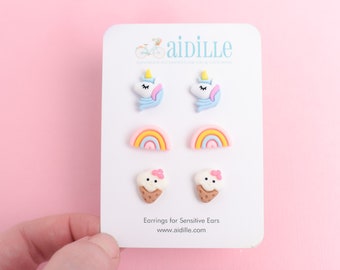 Girls Multi Pack Earring Set, Pastel Resin Unicorn Rainbow Ice Cream Studs, Titanium  Posts, Cute Earrings for Sensitive Ears