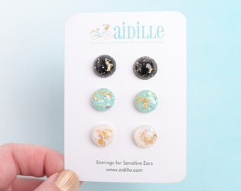 Gold Leaf Earring Set,  Titanium Studs, Resin Multi Pack Earrings, 12mm Circle Classy Studs, Black Gold Cream Seafoam Iridescent